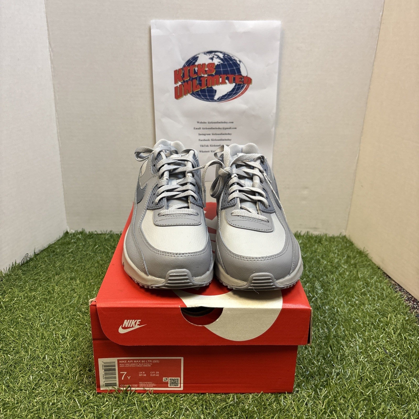 Nike Air Max 90 LTR Wolf Grey Stealth Armory Blue (GS)   7Y3