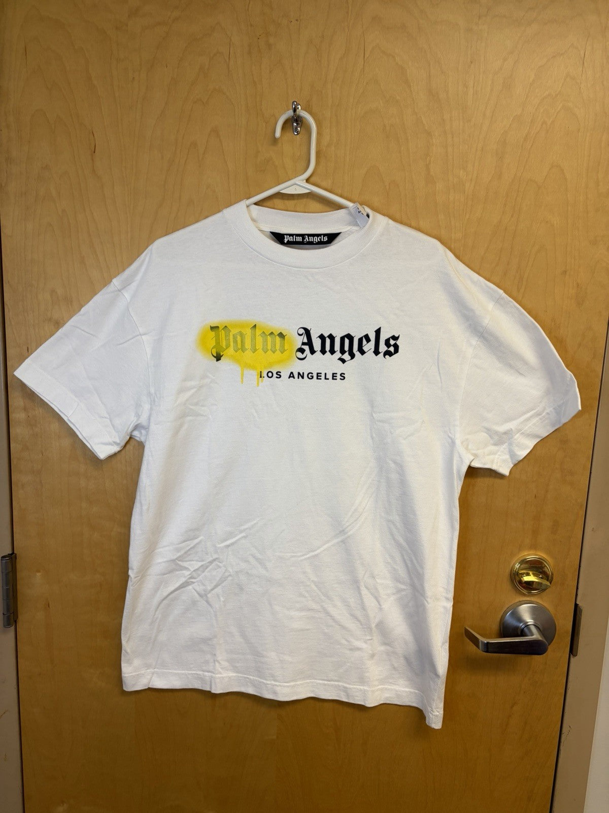 Palm Angels Unisex White With Yellow T shirt   Size Large0